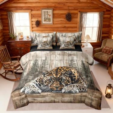 Imagem de Erosebridal Conjunto de edredom solteiro com estampa de leopardo, selvagem, floresta, natureza, floresta, animal, floresta, para mulheres e homens, conjunto de cama rústica de pinheiro