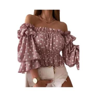 Imagem de Blusa Feminina De Primavera Verão Com Estampa E Ombros Descidos, Manga