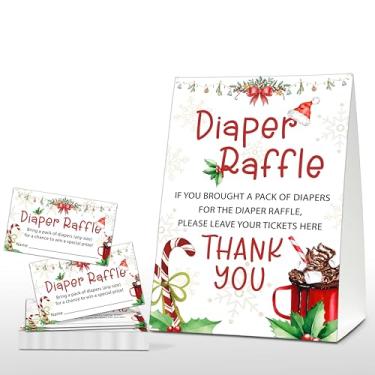 Imagem de Foosproea Jogo sorteio de fraldas de Natal, placa de jogo de chá de bebê de Natal, lembrancinhas de festa de gênero neutro, lembrancinhas de decoração de festa de inverno (1 placa + 50 bilhetes de