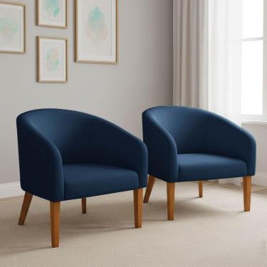 Imagem de Poltrona Sala Decorativa Kit 2 Stella Pé Madeira Trapézio Castanho Suede D03 - D'rossi Azul Marinho
