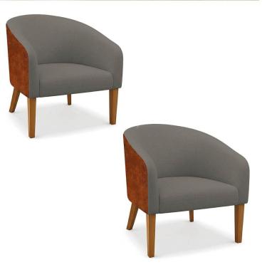 Imagem de Poltrona Sala Decorativa Kit 2 Stella Pé Madeira Trapézio Castanho Sintético Pu Nozes-linho Grafite D03 - D'rossi