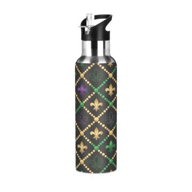 Imagem de Wassud Garrafa de água Mardi Gras xadrez diamante aço inoxidável garrafa de água esportiva com canudo garrafas de água isoladas copo portátil de viagem 947 ml