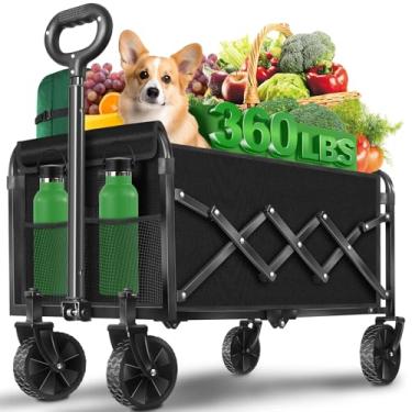 Imagem de Carrinhos dobráveis de carroça dobrável, carrinho dobrável com rodas, vagões dobráveis para acampamento na praia, jardim, esportes, 2 suportes para copos/leve portátil/preto/163 kg