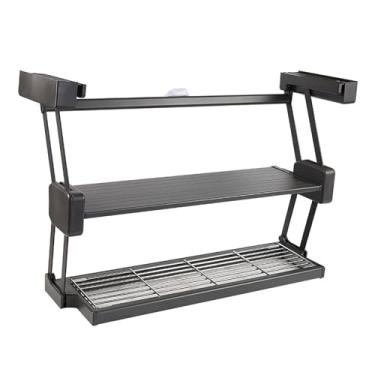 Imagem de Organizador de armazenamento de armário de parede puxável para baixo, suporte de prato e temperos de 2 níveis, suportes de prateleira dobráveis para pendurar potes de tempero, garrafas, coqueteleiras