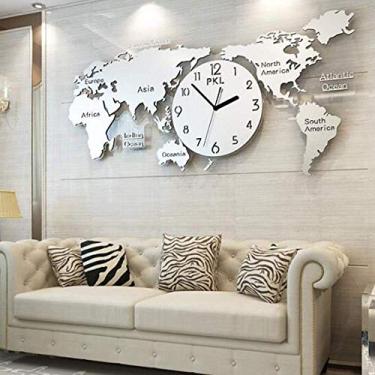 Imagem de Relógio de parede com mapa do mundo, aço inoxidável SUS304, decoração de sala de estar, relógio de quartzo, relógio de parede, relógio criativo de personalidade atmosférica, arte de parede, prata