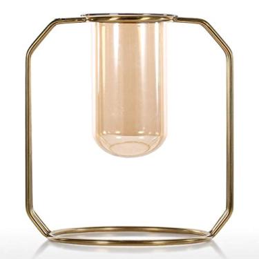 Imagem de U5GAAALPPQ9 Vaso de flores geométrico, escultura, moderno, ornamento de metal, vaso interno e externo, peça central de tubo de vidro para casamento em casa