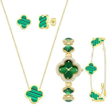 Imagem de SUBANG Conjunto de joias com 5 peças de trevo da sorte para mulheres, conjunto de joias de ouro banhado a ouro 18 K, design de flor, colar de quatro folhas, pulseira e brincos de relógio para mulheres