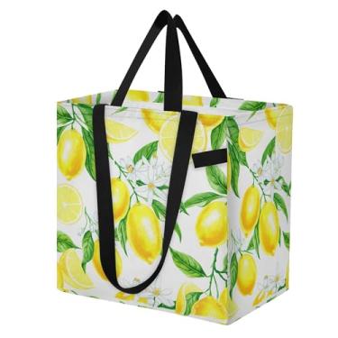 Imagem de SEHANY Sacolas de compras reutilizáveis de verão limão com alças reforçadas, bolsa de compras de lona dobrável à prova d'água de grande capacidade para viagem, cozinha, praia