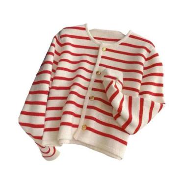 Imagem de Cardigã Feminino De Tricô Com Listras, Gola O, Manga Longa, Cropped, C