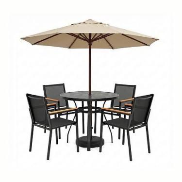 Imagem de Conjunto de mesa 4 cadeiras braço madeira e ombrelone de piscina - Sar