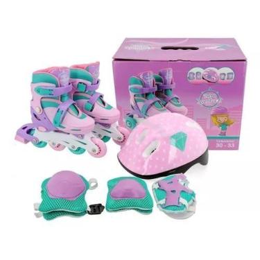 Imagem de Patins 2 em 1 Tri Line In Line com Kit segurança Unitoys, Rosa, 30-33