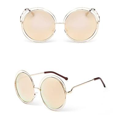 Imagem de Óculos de sol vintage redondo tamanho grande lente espelho feminino designer armação de metal senhora óculos de sol senhora, 10, ouro, rosa, outros