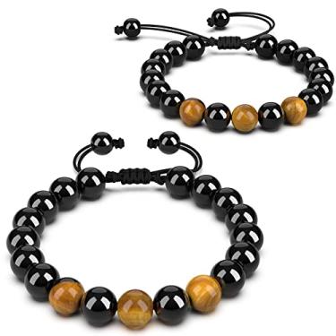 Imagem de Pulseira masculina de chacra, pulseira de contas para homens e mulheres 2 peças -10 mm feita à mão corda trançada ajustável com pedra natural olho de tigre, obsidiana preta