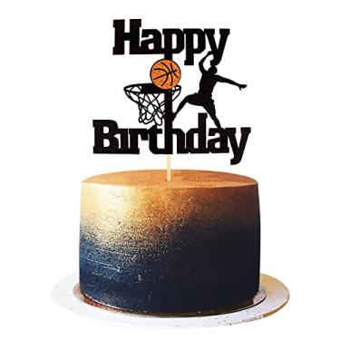 Imagem de Cyodoos Topo de bolo de basquete feliz aniversário cena de basquete palitos de frutas temáticas bolo para homens meninos pai evento de aniversário suprimentos de festa