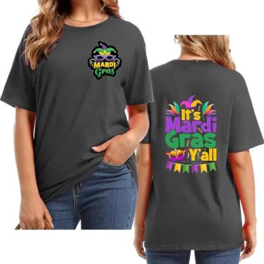 Imagem de UIFLQXX Camiseta feminina It's Mardi Yall com estampa de letras, gola redonda, manga curta, plus size, roupa casual para festa de carnaval, Cinza escuro, M