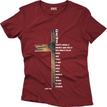 Imagem de Camiseta Algodão Feminina Cruz Cristã Evangélica Joã0 3-16 Tamanho:M;Cor:Vinho