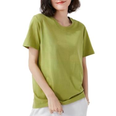 Imagem de Ailaile Camisetas femininas de manga curta básica, gola redonda, algodão, básica, casual, caimento solto, Verde mostarda, XXG