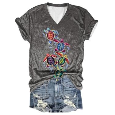 Imagem de Camiseta feminina, estampa de tartaruga, gola V, blusa de manga curta, caimento solto, casual, túnica moderna, camisa de férias de verão, Cinza, P
