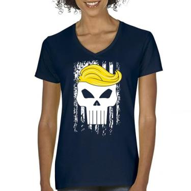 Imagem de Camiseta feminina com gola V bandeira Trump 2024 Make America First Great Again Deplorable Skull My President MAGA Republican FJB, Azul marinho, P
