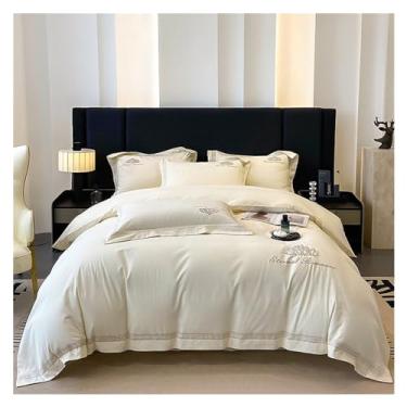 Imagem de Jogo de cama de algodão egípcio laranja 1200TC 4 peças King Queen Size lençol liso capa de edredom fronha roupa de cama, conjunto de cama (solteiro branco)