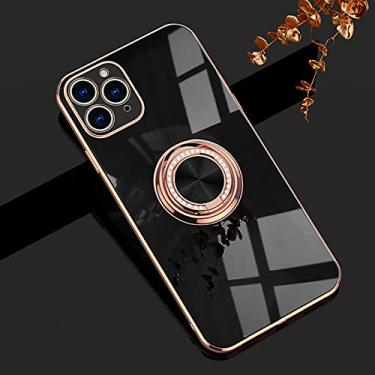 Imagem de Yepda Capa para iPhone 12 Pro Ring Holder Case with Diamond Shiny Plating Rose Gold Edge Built-in 360 Rotation Magnetic Kickstand for Women Girls Slim Soft TPU Capa protetora 6,1 polegadas, preta