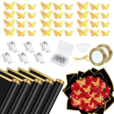 Imagem de Hzdyopk 186 peças de papel de embrulho, 40 folhas de papel de embrulho floral impermeável, com fita de alfinete de buquê de borboletas 3D e luzes, para presente de aniversário de casamento e formatura