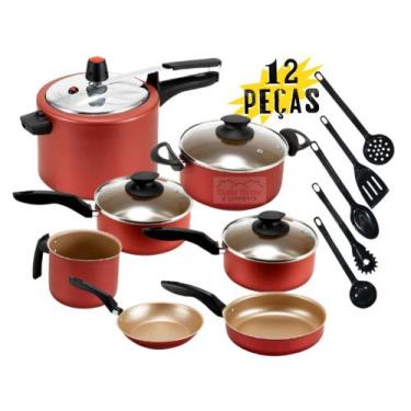 Imagem de Jogo de Panelas 12 Peças Antiaderente Teflon Cereja com Panela de Pres