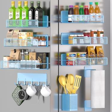 Imagem de Suporte magnético para temperos para geladeira, pacote com 10 prateleiras magnéticas de metal, organizador de especiarias móvel com suporte de toalha de papel ajustável, suporte de gancho, suporte de
