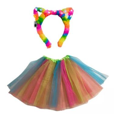 Imagem de Saia de tule colorida 40cm tiara de gato colorido com led - DreamInBox