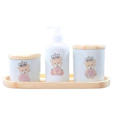 Imagem de Kit higiene bebê 4 peças Princesa ursinha - Bandeja, potes e porta álc