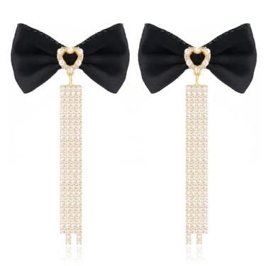 Imagem de Brincos de laço preto para mulheres com borla longa com pingente banhado a ouro 14 K zircônia cúbica borla laço brincos gota ouro franja laço laço brincos moda festa joia presente para mulheres, Latão