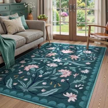 Imagem de Lahome Boho Floral Lavável Azul-petróleo Escuro Tapetes para Sala de Estar, Tapetes Antiderrapantes para Quarto, Tapete Ultrafino Interior Sala de Jantar para Sob a Mesa, Entrada, Cozinha, Dormitório