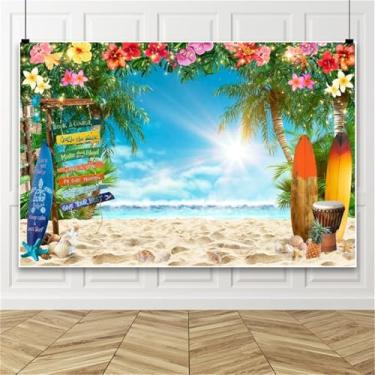 Imagem de ZJRBJB Pano de fundo havaiano verão praia foto céu azul luz do sol flores tropicais pano de fundo de prancha de surf festa para festa Luau Aloha aniversário casamento oceano decoração de festa 2,4 x