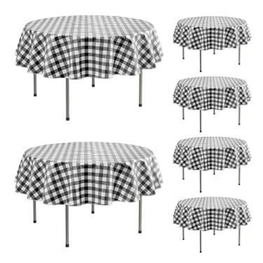 Imagem de Enjoyidea Toalha de mesa redonda de vinil com forro de flanela - pacote com 6 toalhas de mesa de plástico xadrez xadrez preto e branco 152 cm à prova d'água para piquenique, festa, acampamento