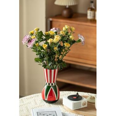 Imagem de Vaso de flores decorativo de cerâmica, padrão listrado pintado à mão, vermelho e verde, boca larga