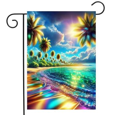Imagem de ShineSnow Linda paisagem de verão colorida praia palmeiras beira-mar luz solar jardim quintal bandeira 30.5 cm x 45.7 cm dupla face poliéster bem-vindo bandeira bandeira para pátio gramado exterior