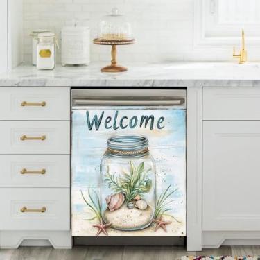 Imagem de Capa de decoração de garrafa de vidro de planta concha de cozinha ímã de máquina de lavar louça, decalque magnético de vinil estrela do mar para máquina de lavar louça, geladeira, fácil de limpar 58