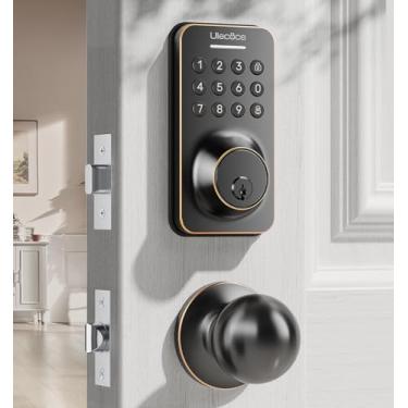 Imagem de Fechadura de teclado de entrada sem chave com conjunto de alças, trava inteligente, trava automática + trava com um toque, 100 códigos + fácil instalação, ideal para Airbnb/casas/escritórios, serve