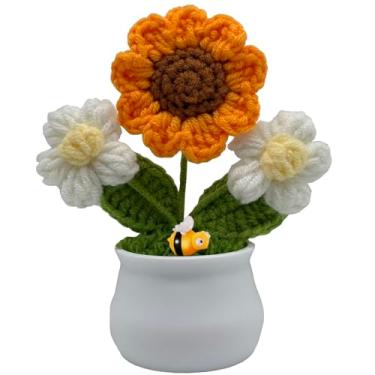 Imagem de YanKiTour Flores artificiais de girassol de crochê, decoração de mesa de plantas de pelúcia, presente de apoio emocional (flor branca girassol com abelha)