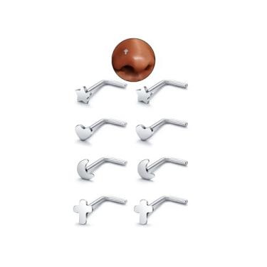 Imagem de DGhera Brincos de nariz: 10 peças 20G 316L aço cirúrgico piercing de nariz hipoalergênico saca-rolhas joia de piercing de nariz, estrela, lua, coração e cruz para mulheres e homens, 20Gauge(0.8mm