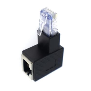 Imagem de Conector de extensão de rede adaptador RJ45 macho para fêmea com ângulo descendente de 90 graus