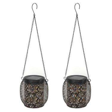 Imagem de Lanternas solares de penduramento ao ar livre luzes de jardim decorativas de ferro à prova d'água para pátio JAHT 2PCS 11x11x11cm