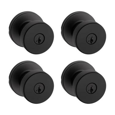 Imagem de Kwikset Maçaneta de porta de entrada Pismo com fechadura e chave, alça externa com chave segura, entrada frontal e quarto, preto fosco, pacote com 4, SmartKey Rekey Security resistente a picaretas e