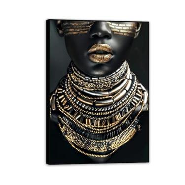 Imagem de Pinturas de arte de parede em tela de mulher africana dourada moderna preta e impressões para sala de estar decoração de casa cuadros 85 x 60 cm (33 x 24 pol) moldura preta