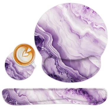 Imagem de Britimes Conjunto de 3 peças de mouse pad dourado mármore roxo com suporte de pulso base de borracha antiderrapante, suporte ergonômico, suporte de almofada de pulso de mouse e porta-copos para jogos