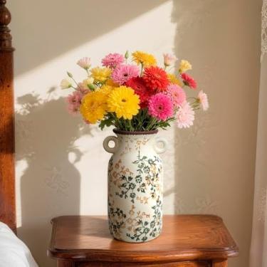 Imagem de Vaso de flores de cerâmica vintage, decoração de casa, vaso alto rústico de mesa para decoração de sala de estar, estante de livros, escritório, cozinha, quinta, vasos brancos para buquê, furos