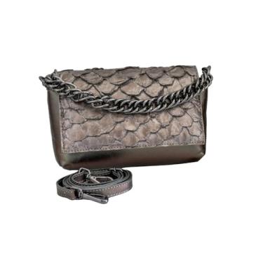 Imagem de Bolsa Luna em Couro Legítimo de Pirarucu Sustentável, Alça Intercambiável, Tamanho Único – Marca Sool (Carbono)