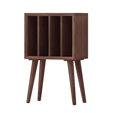 Imagem de Prateleira organizadora de CD e DVD, suporte de mesa de armazenamento de disco de vinil com 4 armários, suporte de mesa giratória retrô pinheiro