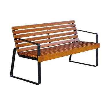 Imagem de Banco externo cadeira de encosto de jardim ao ar livre, banco de parque com moldura de alumínio fundido, banco de madeira para lazer e jardim