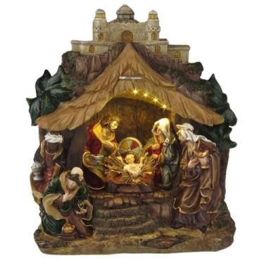 Imagem de Presépio de Natal Sagrada Família Cabana Resina Iluminado com 9 Leds D